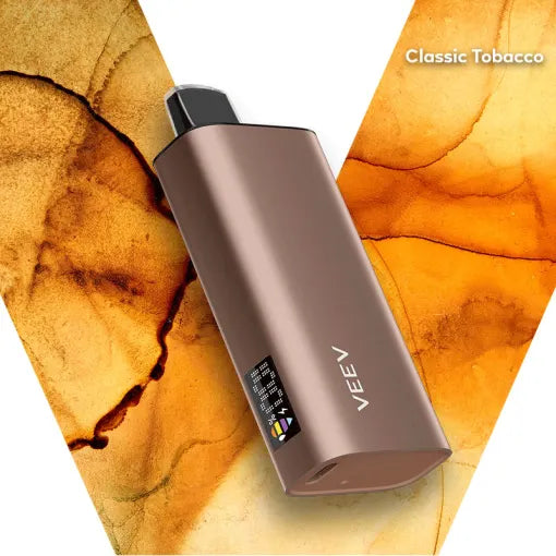 Veev Now 8k disposable vape with classic tobacco flavor, showing the sleek black device with a mouthpiece and branding.