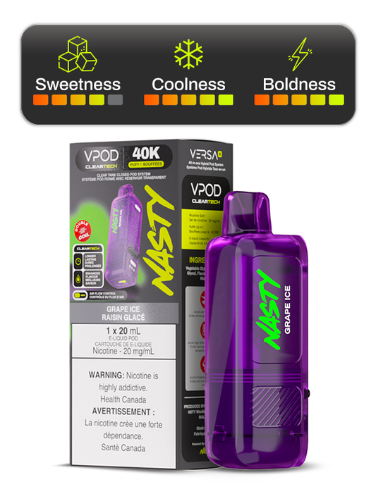Nasty VPod Versa X pre-filled vape pods in a clear container, designed for easy replacement and flavor variety.