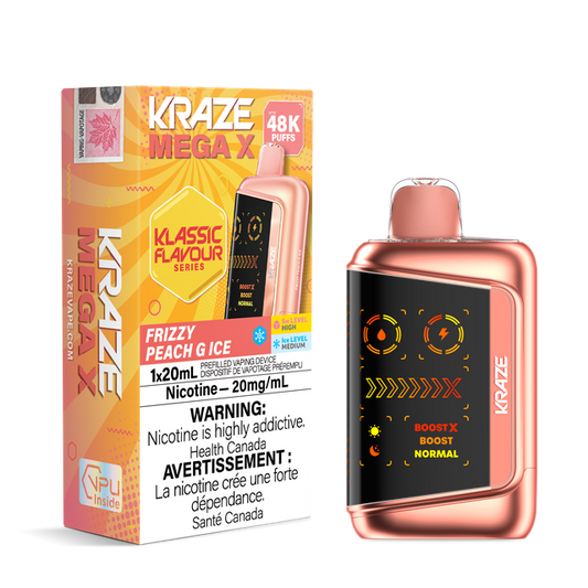 Kraze Mega X 48K Classic Flavours Series disposable vape device with colorful packaging and sleek design.