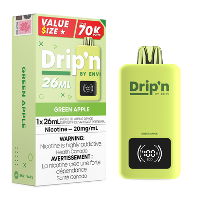 Green Apple Envi Drip'n 26mL disposable device with sleek design and vibrant green color.