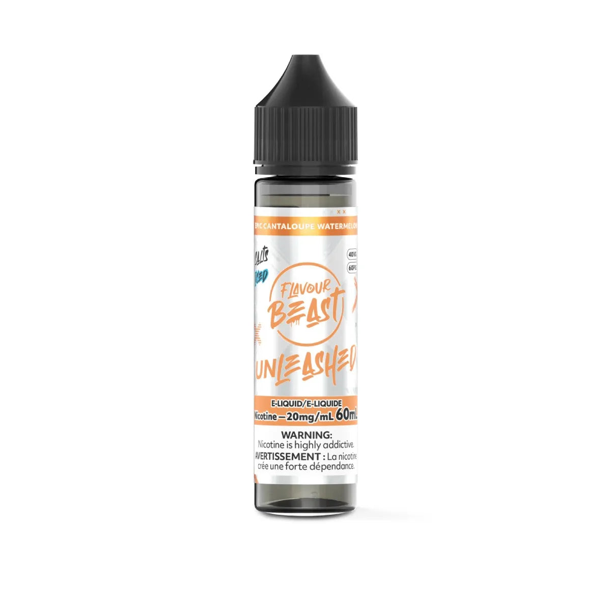 Flavour Beast Unleashed Salt Nic e-juice 60ML bottle with cantaloupe, watermelon, and iced flavor, in a clear plastic bottle.