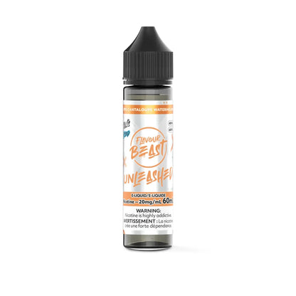 Flavour Beast Unleashed Salt Nic e-juice 60ML bottle with cantaloupe, watermelon, and iced flavor, in a clear plastic bottle.