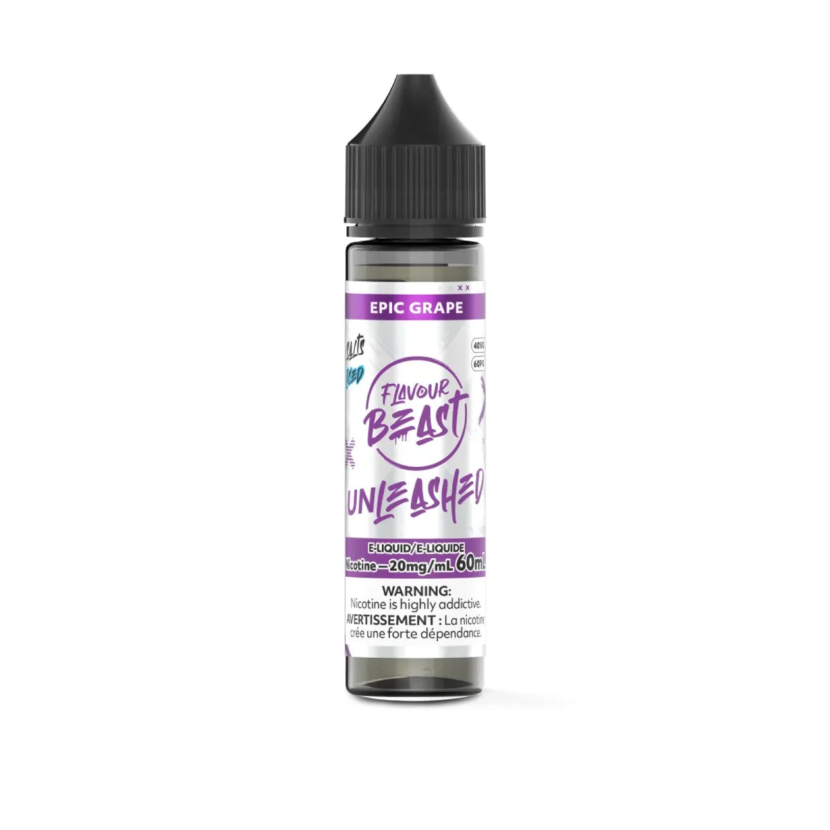 Flavour Beast Unleashed Salt Nic e-juice 60ml bottle with epic grape flavor and icy finish, designed for vaping in Canada.