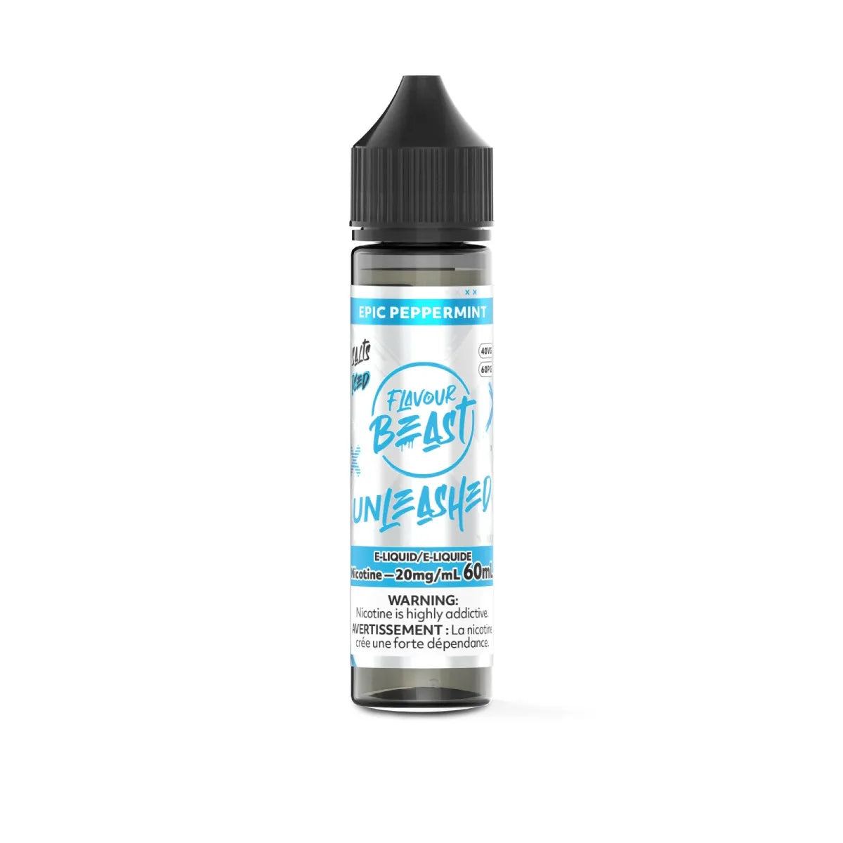 Flavour Beast Unleashed Salt Nic e-juice in peppermint iced flavor, 60ml bottle, showcasing the colorful label and product design.