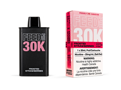 FEED FEED Pods 30k pre-filled vape pods with a frosted strawberries flavor, showing the frosted strawberries flavor illustration.