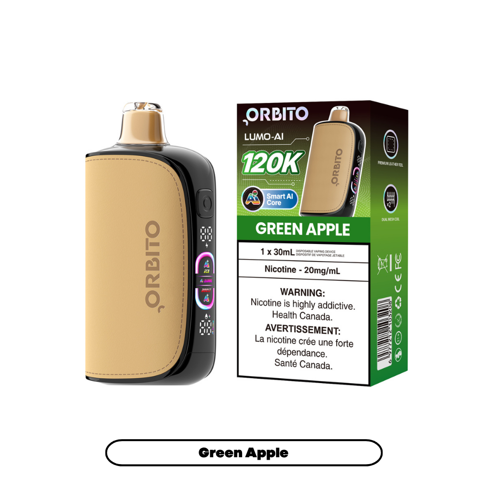 Orbito Lumo AI 120K disposable vape in green with sleek design and vibrant color, featuring the Orbito branding on the device.