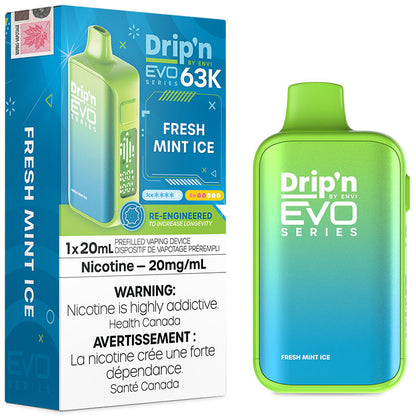Envi Drip’n EVO 63K disposable vape pen with sleek design and mouthpiece, featuring the disposable vape device in white.