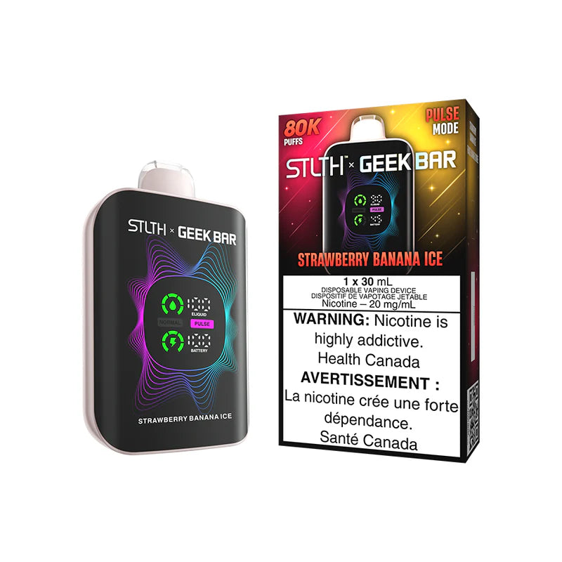Disposable STLTH X GEEK BAR Pulse Mode Stlth X vape with sleek design and colorful branding, showcasing its compact size and vibrant graphics.