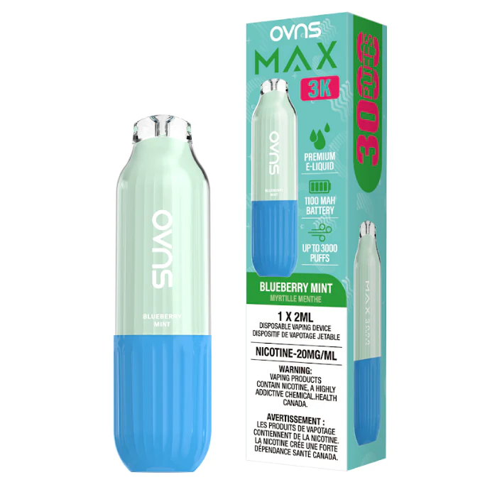 Disposable OVNS Max 3k vape device with sleek design and compact size, featuring a clear mouthpiece and LED indicator.