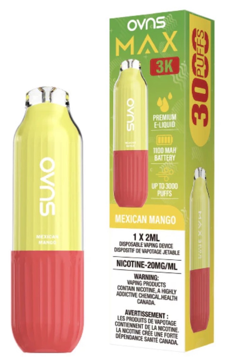 Disposable OVNS Max 3k vape device with sleek design and mouthpiece, showcasing its compact and portable form.