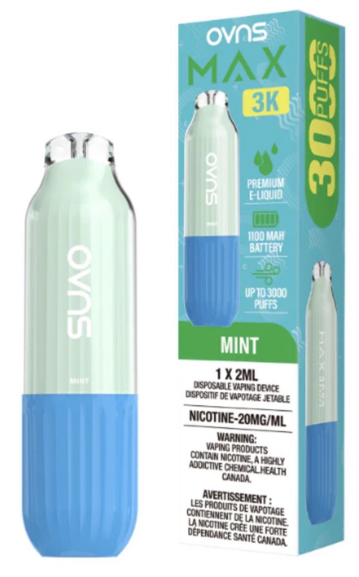 OVNS Max 3k disposable vape device with sleek design and mouthpiece, showcasing the compact, portable vaporizer in black.