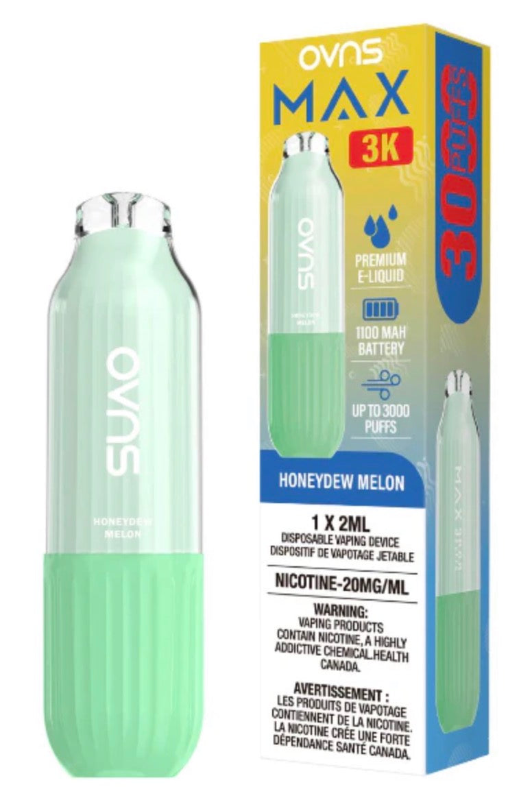 Disposable OVNS Max 3k vape device with sleek design and compact size, featuring a mouthpiece and battery indicator.