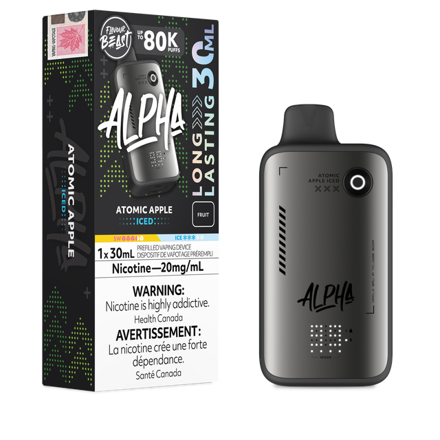 Flavour Beast Alpha 80K disposable vape device with sleek design and branding, shown in a close-up image.