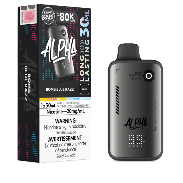 Flavour Beast Alpha 80K disposable vape device with sleek design and compact size, ready for use.