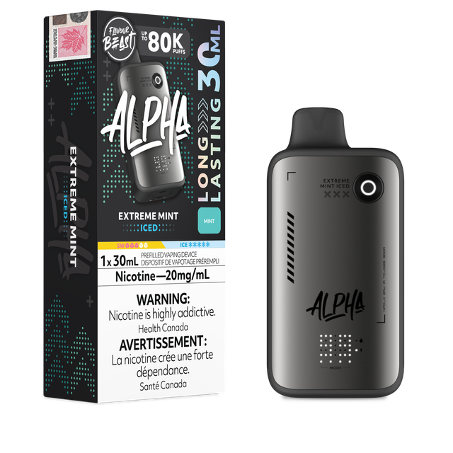 Flavour Beast Alpha 80K disposable vape device, sleek design, featuring branding and mouthpiece on a white background.