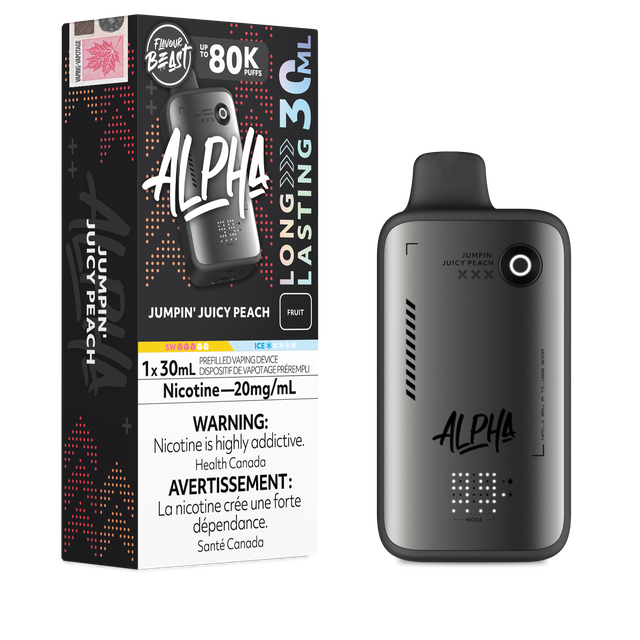 Flavour Beast Alpha 80K disposable vape device showing sleek design and branding on a white background.