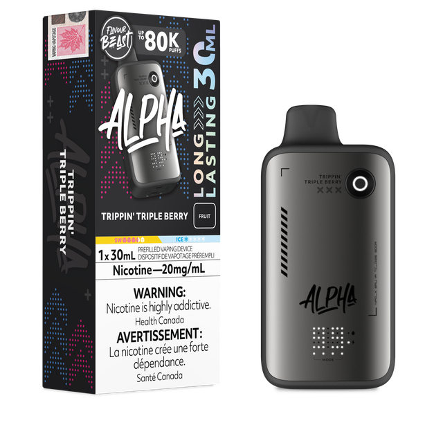 Flavour Beast Alpha 80K disposable vape device with sleek design and colorful branding, shown in a close-up shot.