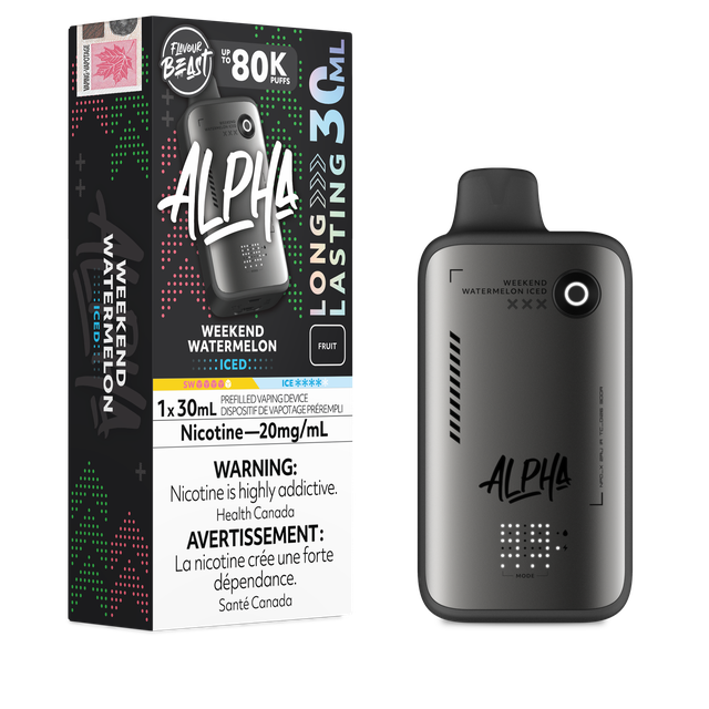Flavour Beast Alpha 80K disposable vape device in black with sleek design and clear mouthpiece, designed for long-lasting vaping.
