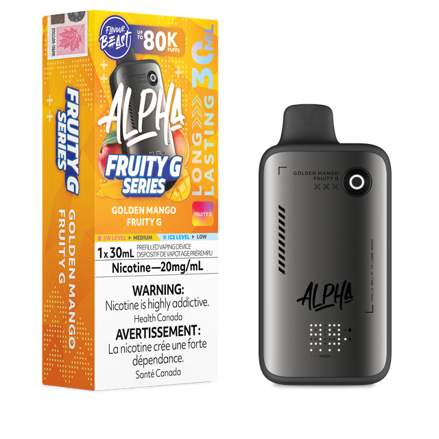 Disposable Flavour Beast Alpha 80K vape device with sleek design, showcasing the portable vape in a close-up view.