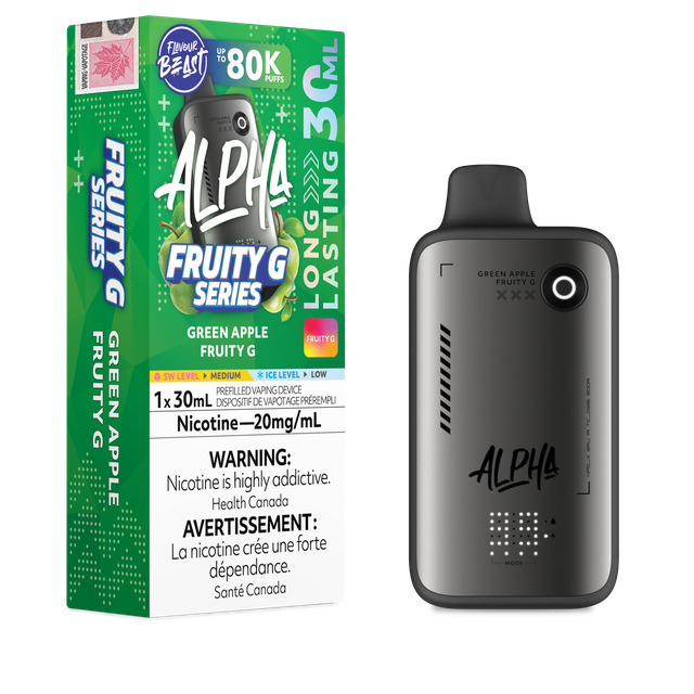 Flavour Beast Alpha 80K disposable vape device showing sleek design and branding on a white background.