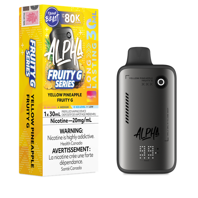 Flavour Beast Alpha 80K disposable vape device showing sleek design and mouthpiece, designed for easy vaping.