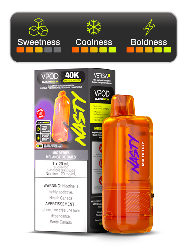 Nasty Nasty VPod Versa X pre-filled vape pods with colorful design and visible e-liquid inside.