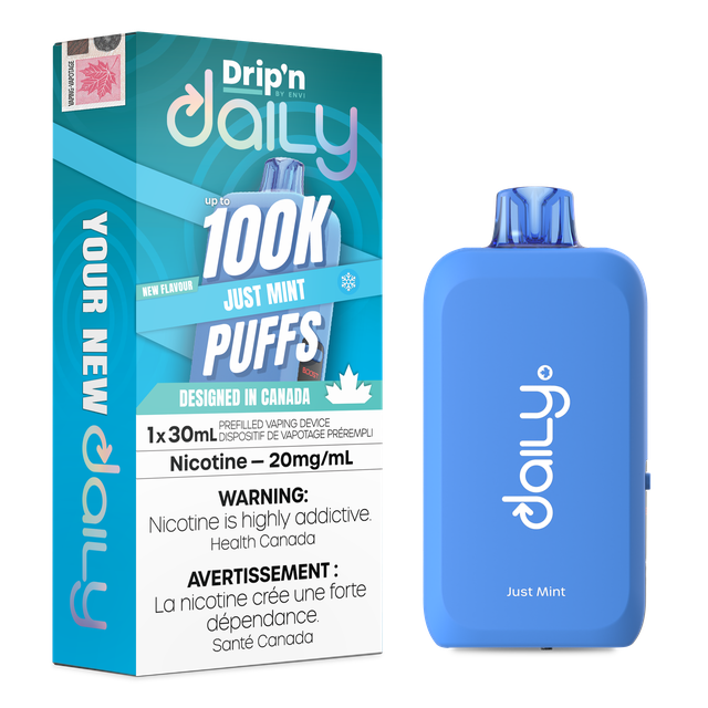Envi Drip’n Daily 100K disposable vape device with sleek design and mouthpiece, shown in a close-up image.