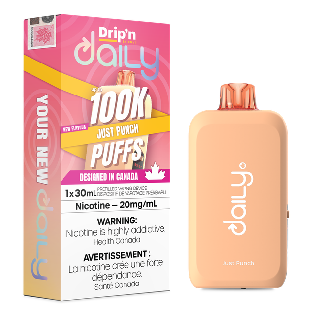 Envi Drip’n Daily 100K disposable vape device with sleek design and mouthpiece, lying on a white background.