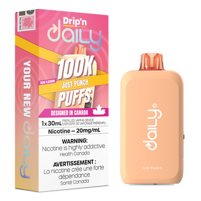 Envi Drip’n Daily 100K disposable vape device with sleek design and mouthpiece, lying on a white background.