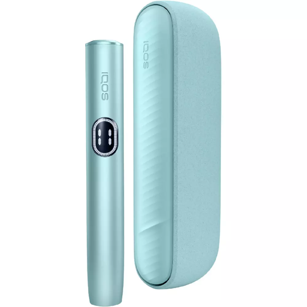 IQOS ILUMA i Kit tobacco Heets device with sleek design and digital display, featuring glowing blue accents and a modern finish.