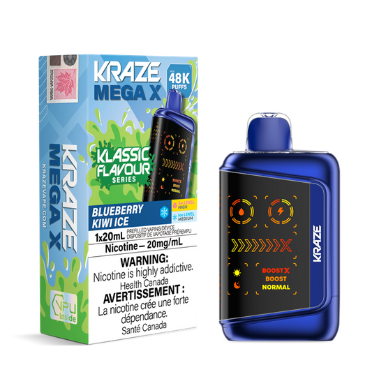 Kraze Mega X 48K Classic Flavours Series disposable vape device with colorful packaging and sleek design.