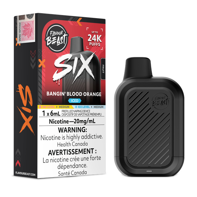 Flavour Beast SIX 24K disposable vape device with sleek design and branding, displayed on a neutral background.