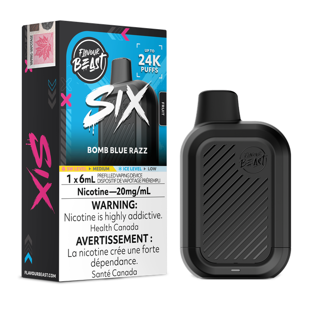 Flavour Beast SIX 24K disposable vape device with sleek design and branding, ready for vaping.