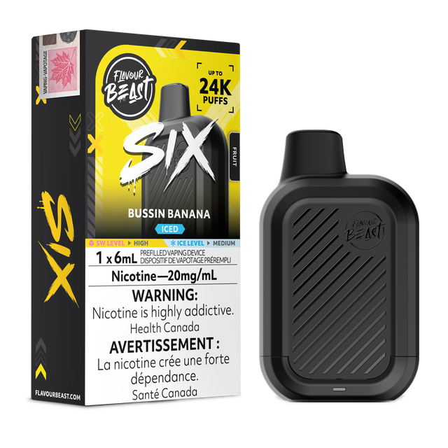 Close-up of Flavour Beast SIX 24K disposable vape device showing sleek design and branding.