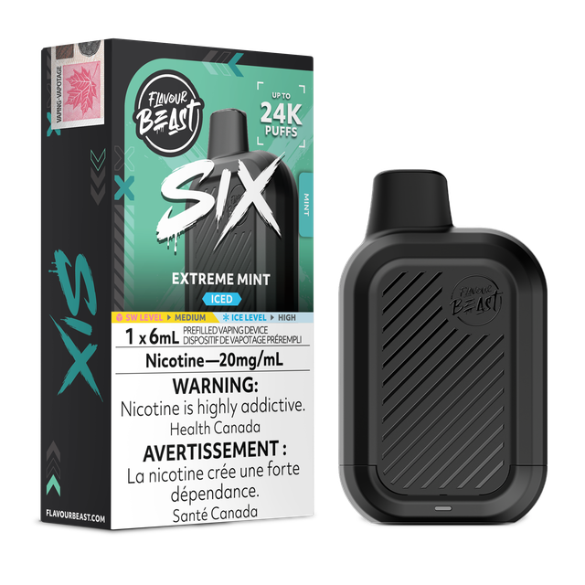 Flavour Beast SIX 24K disposable vape device with sleek design and gold accents, showing the compact, portable vaporizer.