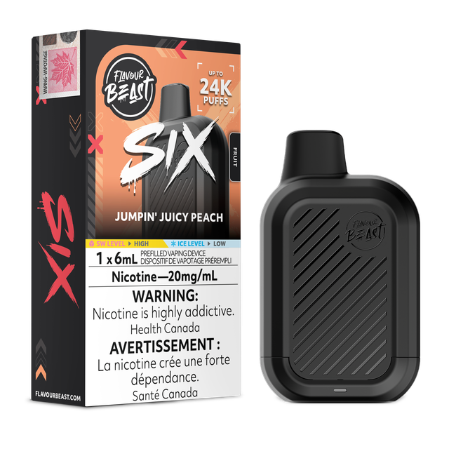 Flavour Beast SIX 24K disposable vape device with sleek design and branding, ready for use.