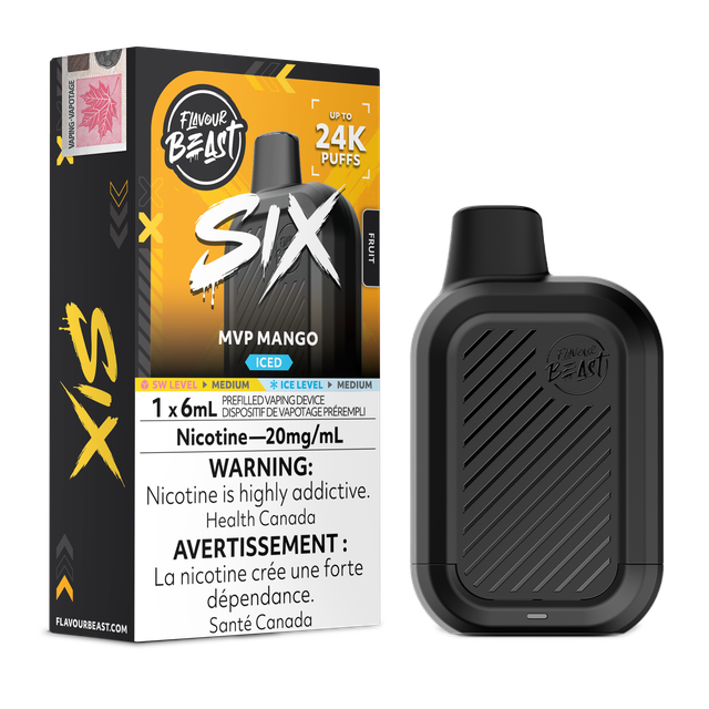 Flavour Beast SIX 24K disposable vape device with sleek design and gold accents, ready for vaping.