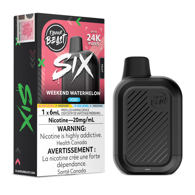 Flavour Beast SIX 24K disposable vape device with gold accents and sleek design, shown in the image.