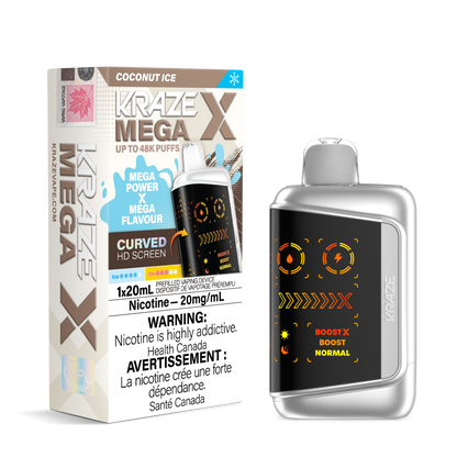 Kraze Mega X 48K vape with coconut ice flavor, showing the colorful packaging and sleek design of the Kraze brand product.