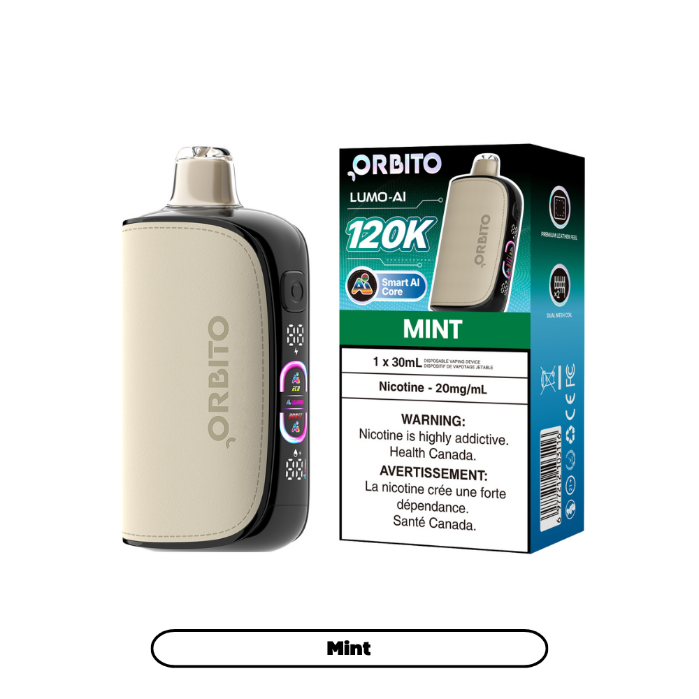 Orbito Lumo AI 120K disposable vape device in mint color, sleek design with branding visible and mouthpiece at the top.