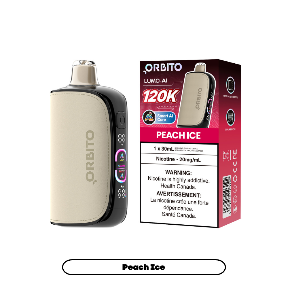 Peach Ice Orbito Lumo AI 120K disposable vape device with peach-colored design and sleek cylindrical shape.