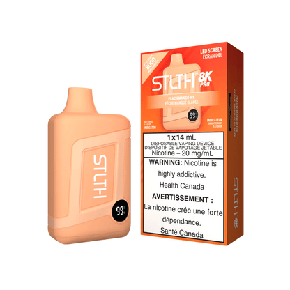 STLTH 8K Pro Disposable vape with Peach Mango Ice flavor, showing the sleek device with colorful packaging.