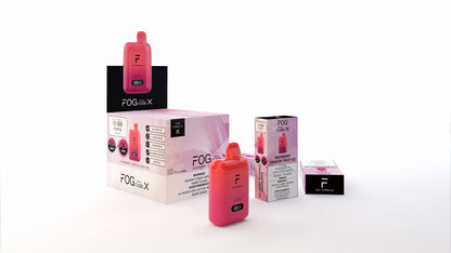 Fog Formula Fog Series X 15K disposable vape with raspberry dragon fruit flavor, showcasing the colorful flavor splash design.