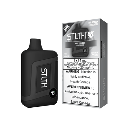 STLTH 8K Pro disposable vape in Rich Tobacco flavor, showing the sleek black device with branding and flavor description on the packaging.