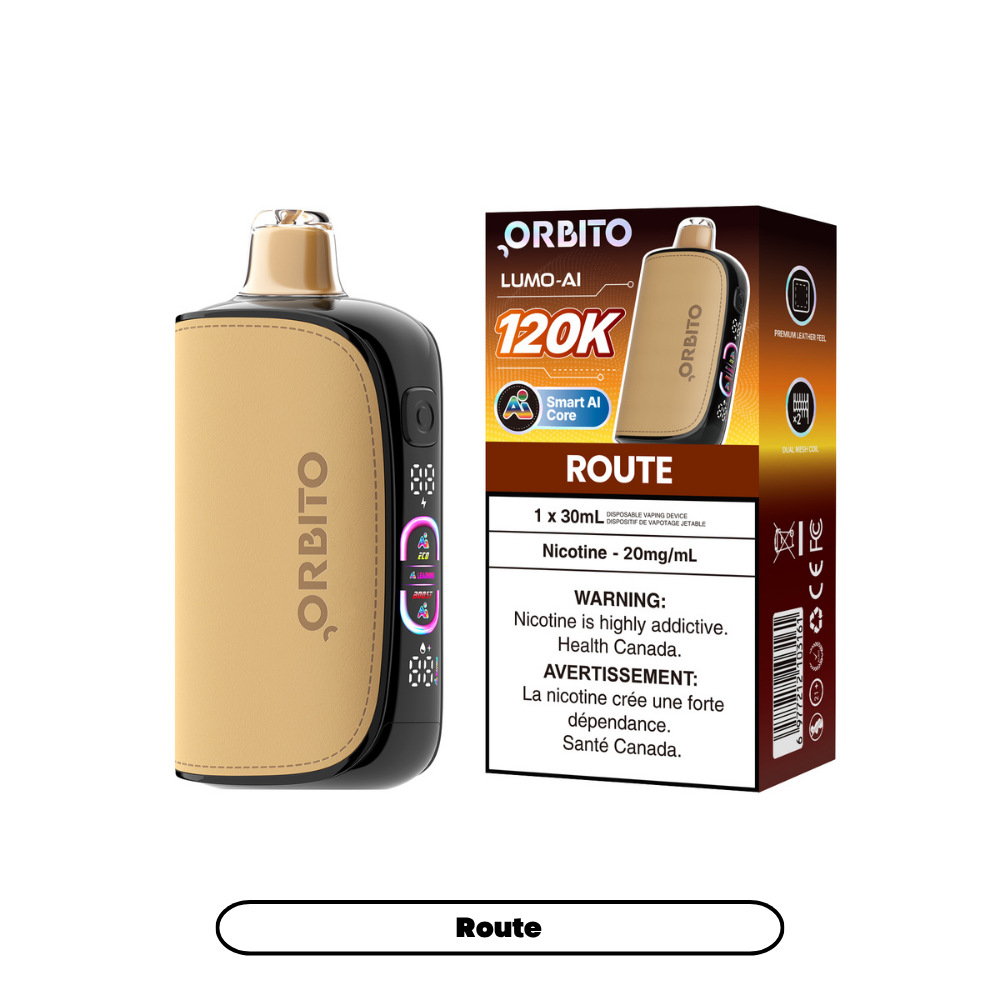 Orbito Lumo AI 120K disposable device shown on route map, lightweight and compact design for easy use and portability.