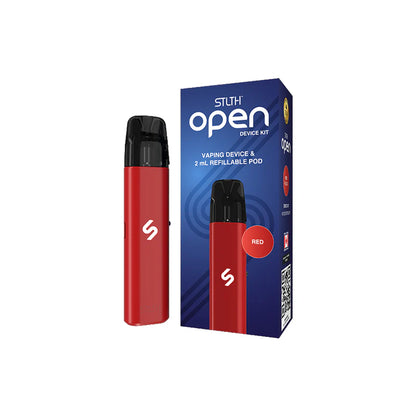 Red STLTH Open Pod Device Kit featuring a compact design and adjustable airflow for customizable vaping experience.