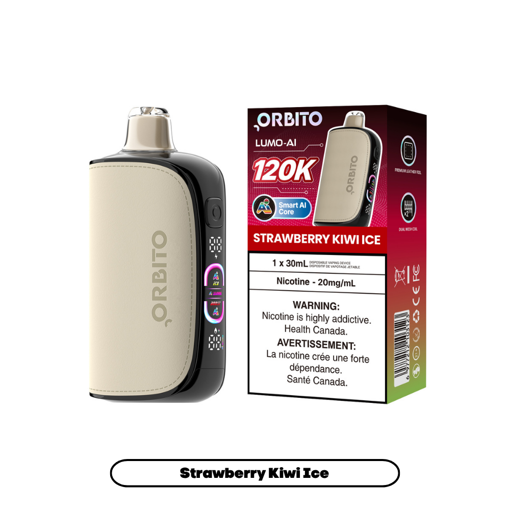 Orbito Lumo AI 120K disposable vape with Strawberry Kiwi Ice flavor, showing the colorful vape device and flavor packaging.