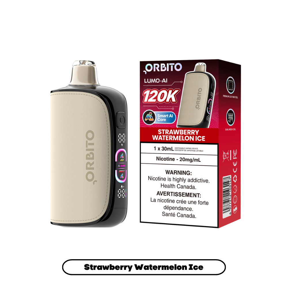 Orbito Lumo AI 120K disposable vape with strawberry, watermelon, and ice flavor in a sleek, portable design.