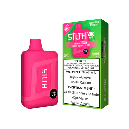 STLTH 8K Pro Disposable vape device in Tropical Storm Ice flavor with colorful packaging and sleek design.