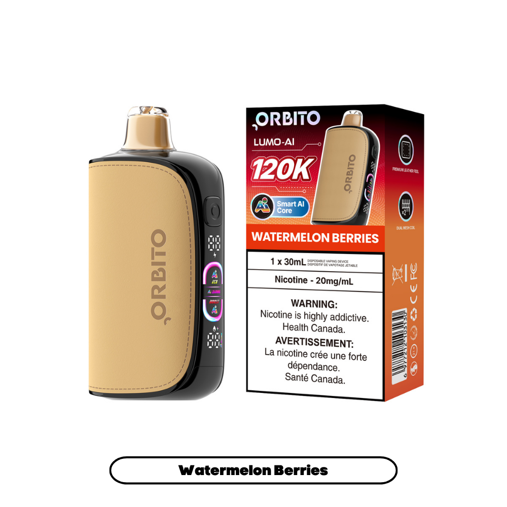 Orbito Lumo AI 120K disposable vape with watermelon berries flavor, featuring a colorful water-themed design on the device.